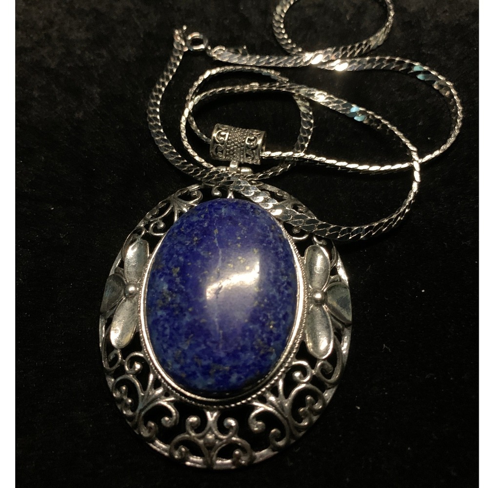 Blue Stone Filigree Pendant Necklace Silver Tone 24 Inch Snake Chain 50g